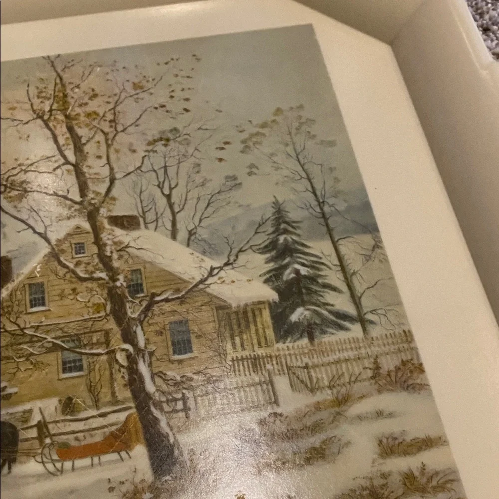 Vintage Style Cream Serving Tray. New England Winter Scene.